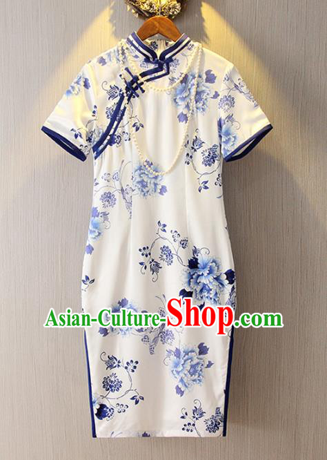Chinese Traditional National Costume Blue and White Porcelain Cheongsam Qipao Dress for Women