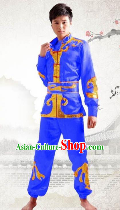 Traditional Chinese Yangge Dance Fan Dance Costume, Folk Drum Dance Dragon Boat Blue Uniform Yangko Clothing for Men