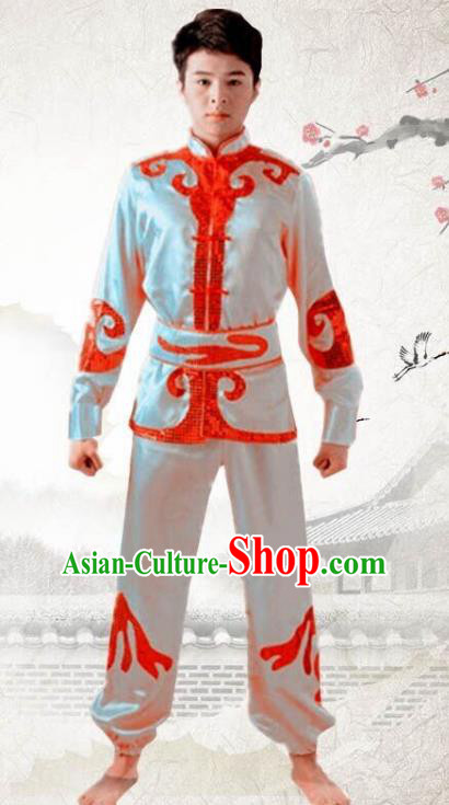 Traditional Chinese Yangge Dance Fan Dance Costume, Folk Drum Dance Dragon Boat White Uniform Yangko Clothing for Men