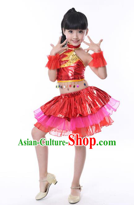 Chinese Classical Stage Performance Jazz Dance Costume, Children Modern Dance Red Bubble Dress for Kids