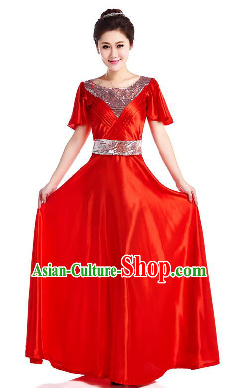 Chinese Classic Stage Performance Chorus Singing Group Costume, Chorus Competition Red Dress for Women