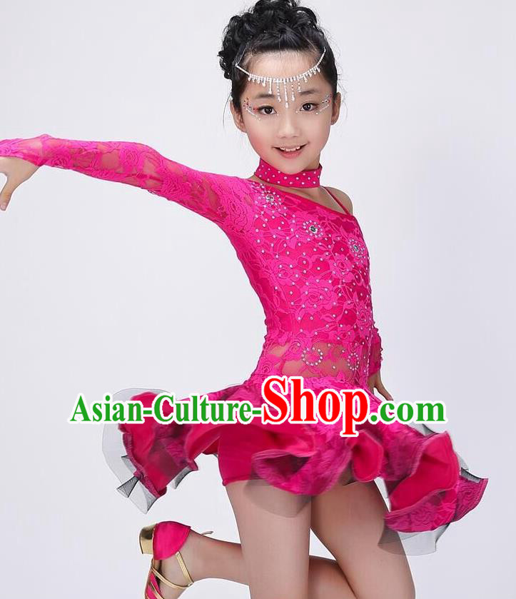 Chinese Classic Stage Performance Costume Children Modern Latin Dance Rosy Dress for Kids