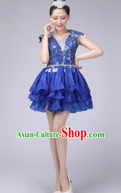 Chinese Classic Stage Performance Costume Modern Dance Blue Bubble Dress for Women