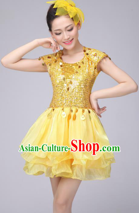 Chinese Classic Stage Performance Costume Modern Dance Yellow Bubble Dress for Women