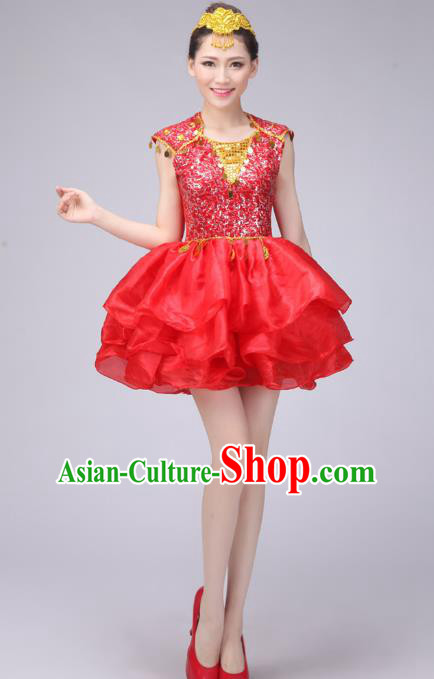 Chinese Classic Stage Performance Costume Modern Dance Red Bubble Dress for Women