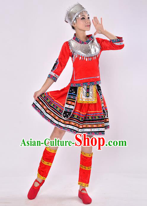 Traditional Chinese Miao Nationality Dance Costume, Hmong Folk Dance Red Dress for Women