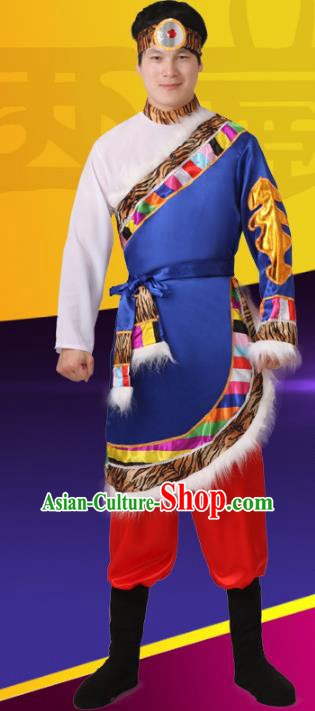 Traditional Chinese Zang Nationality Dance Costume, Folk Dance Ethnic Tibetan Minority Nationality Clothing for Men