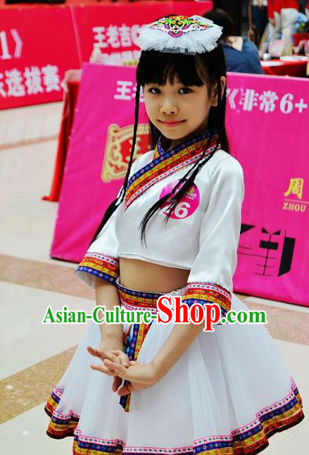 Traditional Chinese Zang Nationality Dance Costume, Chinese Tibetan Minority Dance White Dress for Kids