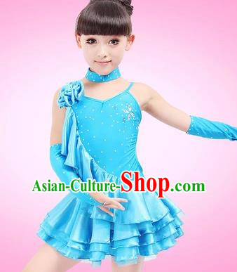 Top Grade Children Stage Performance Costume, Professional Latin Dance Blue Dress for Kids