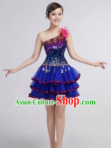 Top Grade Stage Performance Compere Costume, Professional Chorus Singing Group Blue Bubble Dress for Women