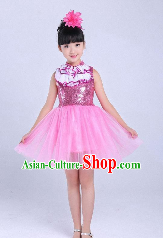 Children Modern Dance Compere Costume Pink Dress, Chorus Singing Group Girls Clothing for Kids