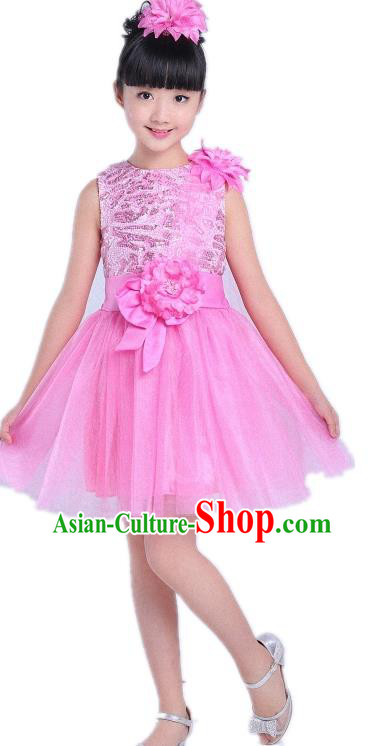 Children Modern Dance Compere Costume Pink Bubble Dress, Chorus Singing Group Girls Clothing for Kids