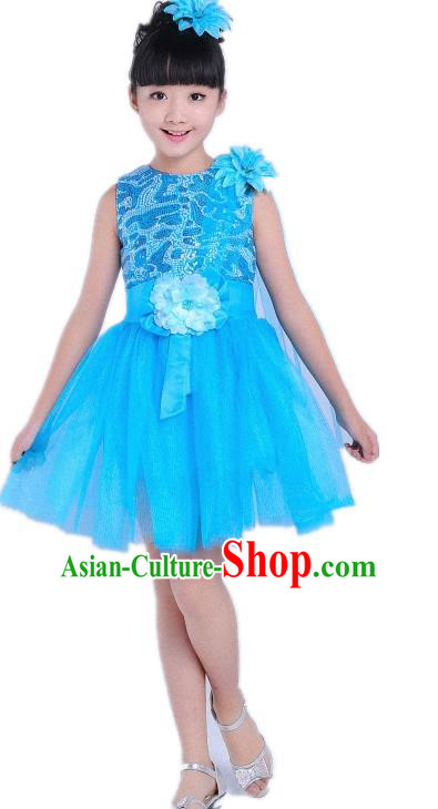 Children Modern Dance Compere Costume Blue Bubble Dress, Chorus Singing Group Girls Clothing for Kids