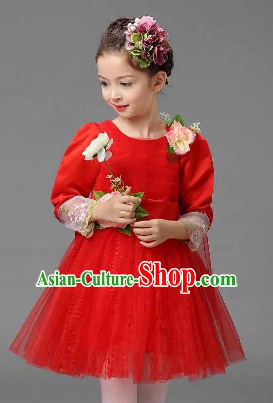 Top Grade Modern Dance Costume, Children Chorus Singing Group Dance Red Veil Dress for Kids