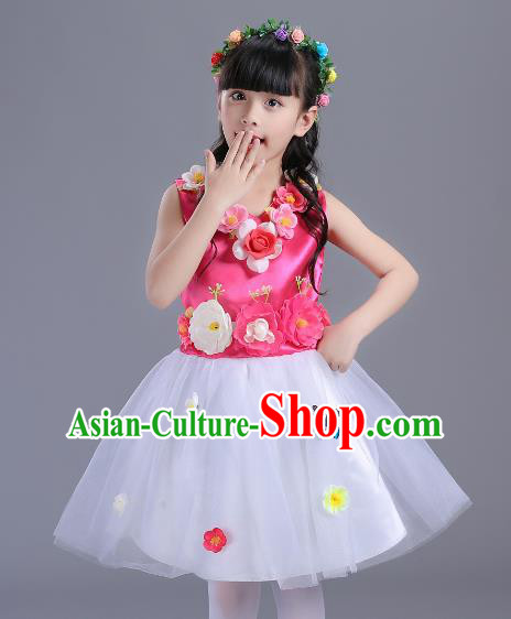 Top Grade Flower Faerie Modern Dance Costume, Children Chorus Singing Group Dance Pink Dress for Kids