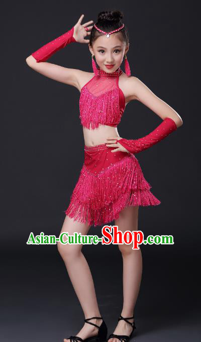 Top Grade Stage Performance Jazz Dance Costume, Professional Modern Dance Rosy Tassel Dress for Kids