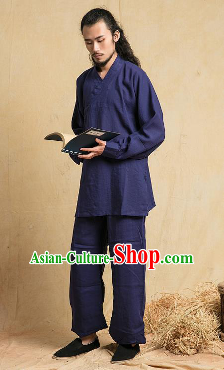 Top Grade Kung Fu Costume Martial Arts Training Navy Linen Suits Gongfu Wushu Tang Suit Clothing for Men
