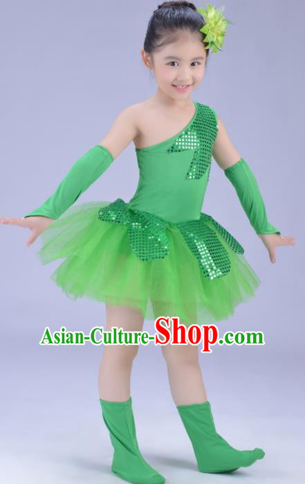 Top Grade Stage Performance Dance Costume, Professional Modern Dance Green Dress for Kids