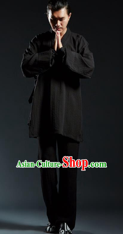 Top Grade Black Linen Kung Fu Costume Martial Arts Training Gongfu Wushu Tang Suit Clothing for Men