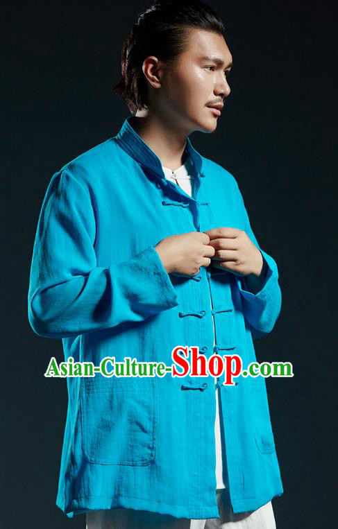 Chinese Kung Fu Shirts Martial Arts Blue Linen Jacket Gongfu Costume Wushu Tai Chi Clothing for Men