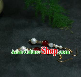 Traditional Chinese Ancient Handmade Hanfu Red Beads Pearls Earrings for Women