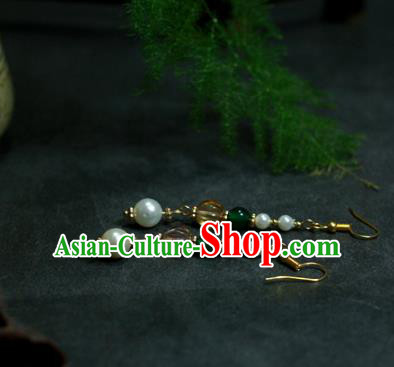 Traditional Chinese Ancient Handmade Hanfu Green Beads Pearls Earrings for Women