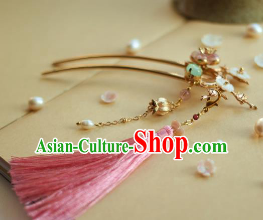 Traditional Chinese Ancient Pink Tassel Hair Clips Hair Accessories Handmade Hanfu Hairpins for Women