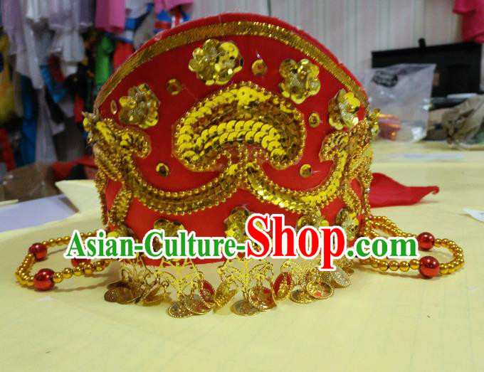 Chinese Classical Dance Mongols Nationality Hair Accessories Red Hats Traditional Folk Dance Headwear for Women