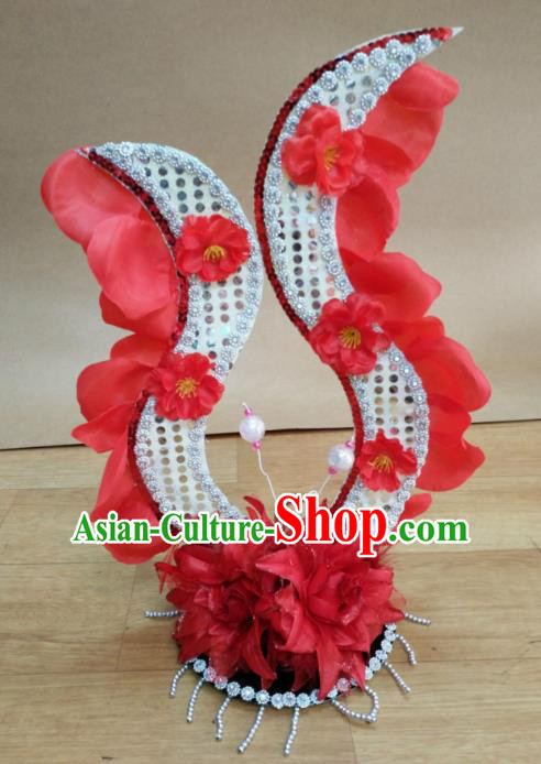 Chinese Classical Dance Hair Accessories Traditional Folk Dance Red Flowers Headwear for Women