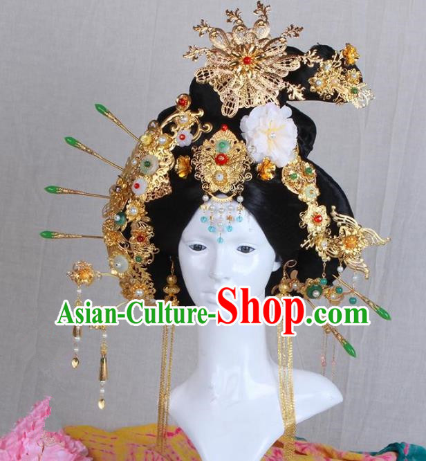 Chinese Ancient Hair Accessories Imperial Consort Wig and Phoenix Coronet Complete Set Traditional Palace Lady Headwear for Women