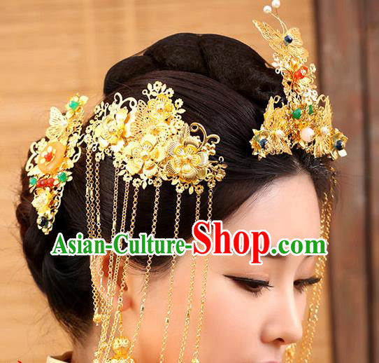Chinese Ancient Hair Accessories Hanfu Golden Xiuhe Suit Hairpins Complete Set Traditional Palace Headwear for Women