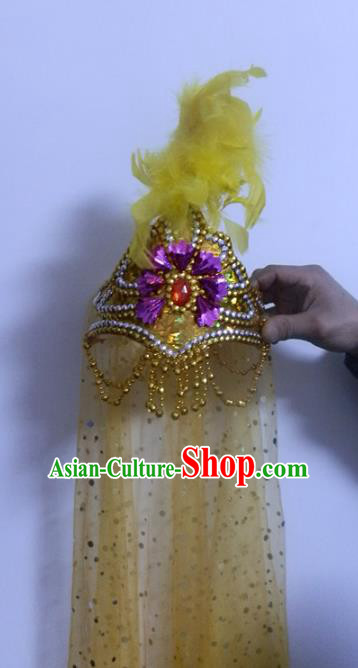 Chinese Traditional Folk Dance Hair Accessories Uyghur Nationality Dance Headwear Yellow Feather Hats for Women