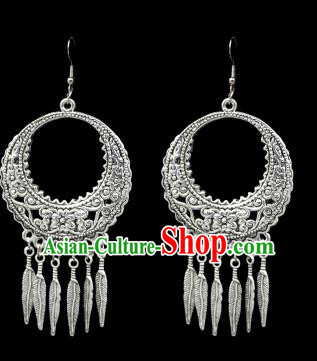 Chinese Traditional Yi Nationality Accessories Sliver Earrings, Hmong Female Folk Dance Ethnic Eardrop for Women