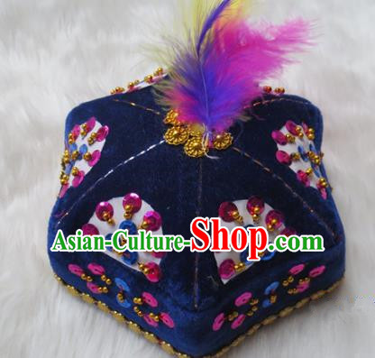 Chinese Traditional Folk Dance Hair Accessories Uyghur Nationality Dance Headwear Blue Hats for Men