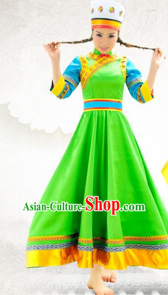 Traditional Chinese Daur Nationality Dance Costume, China Ethnic Minority Embroidery Green Dress Clothing and Headdress for Women