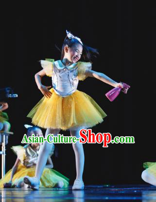 Traditional Chinese Folk Dance Costume, Children Classical Dance Yellow Veil Dress Clothing for Kids