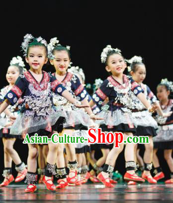 Traditional Chinese Tujia Nationality Dance Folk Dance Costume, Children Classical Dance Dress Clothing for Kids