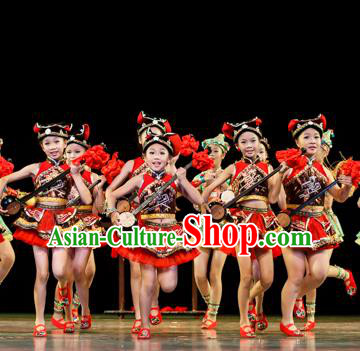 Chinese Traditional Folk Dance Ethnic Costume, Children Yao National Minority Classical Dance Clothing for Kids