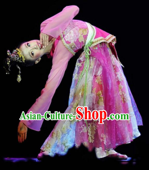 Traditional Chinese Folk Dance Embroidered Costume, China Classical Dance Pink Dress Clothing for Women