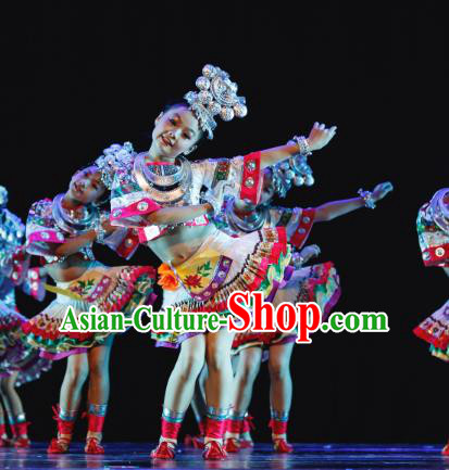 Chinese Traditional Miao Ethnic Stage Performance Costume, China Nationality Folk Dance Clothing for Children