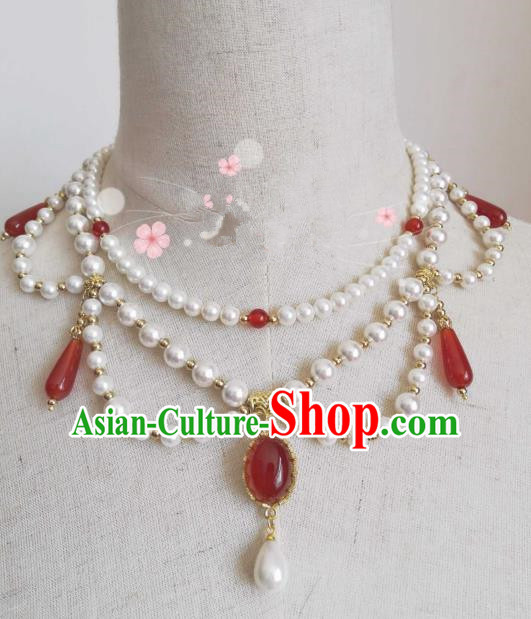 Chinese Traditional Ancient Accessories Classical Red Agate Necklace Hanfu Handmade Necklet for Women