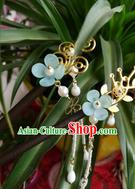 Chinese Traditional Ancient Hair Accessories Classical Blue Flower Hair Clip Hanfu Hairpins for Women