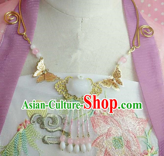 Chinese Traditional Ancient Accessories Classical Jade Lotus Tassel Necklace Hanfu Necklet for Women