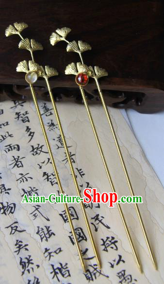 Chinese Traditional Ancient Hair Accessories Classical Hanfu Brass Ginkgo Leaf Hairpins for Women