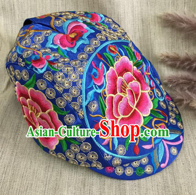 Chinese Traditional Embroidery Casquette Accessories Handmade Embroidered Peony Blue Caps for Women