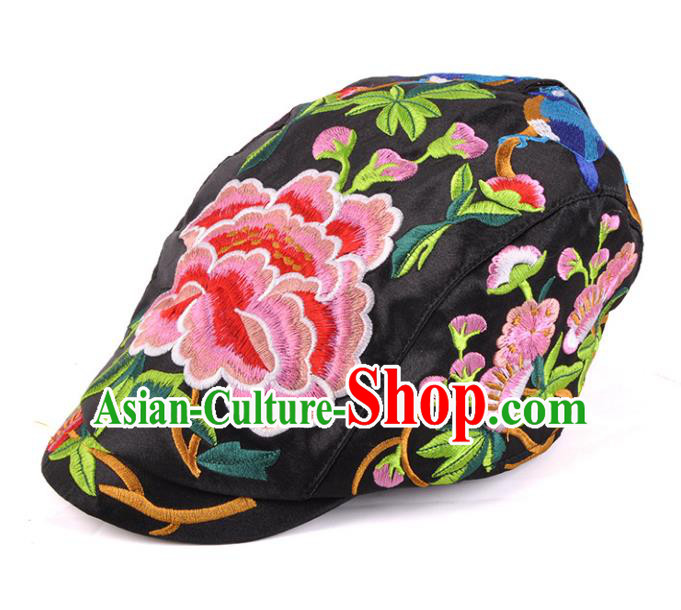 Chinese Traditional Embroidery Casquette Accessories Handmade Embroidered Peony Black Caps for Women