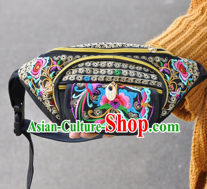 Chinese Traditional Embroidery Craft Embroidered Black Waist Bags Handmade Handbag for Women