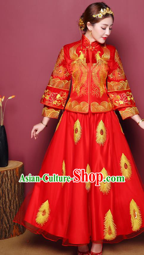 Chinese Traditional Wedding Dress Costume Red Bottom Drawer, China Ancient Bride Embroidered Phoenix Xiuhe Suit Clothing for Women