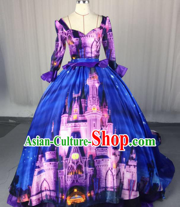 Top Grade Stage Performance Costumes Renaissance Catwalks Palace Blue Full Dress Modern Fancywork Clothing for Women