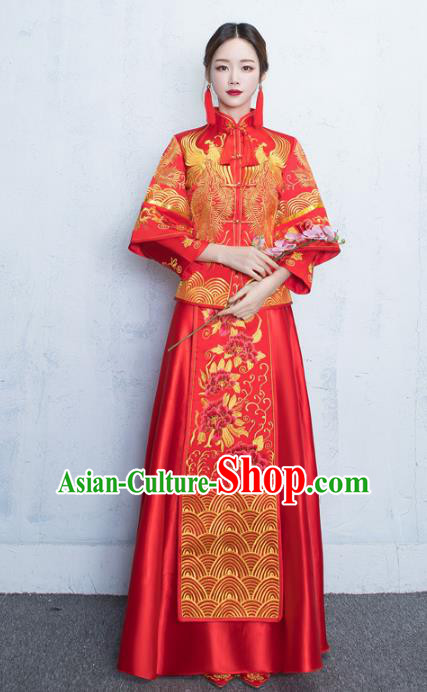 Chinese Traditional Embroidered Xiuhe Suits Bride Red Full Dress Ancient Embroidery Peony Bottom Drawer Wedding Costumes for Women